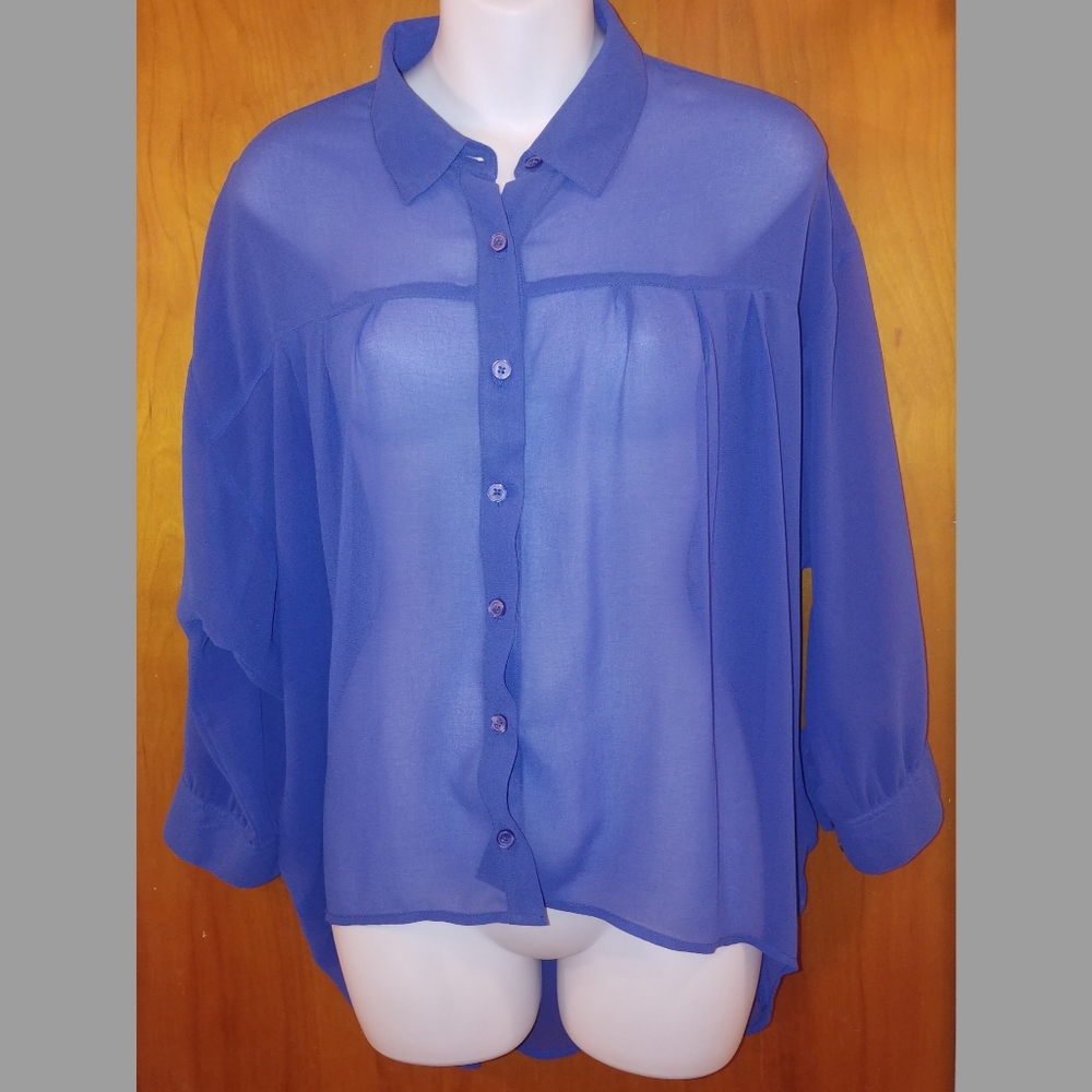 EUC Hi-low sheer blue blouse with lace back cutout